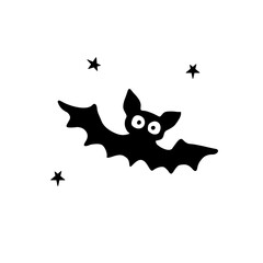 Cute black bat drawn in cartoon flat style. Vector silhouette illustration isolated on white background. For halloween design, greeting card