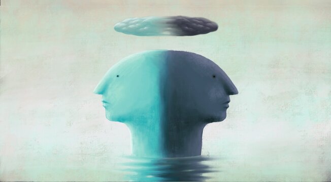 Contrast emotional of human head surreal painting	, depression different psychology and bipolar disorder concept, happiness and sadness idea illustration, artwork 
