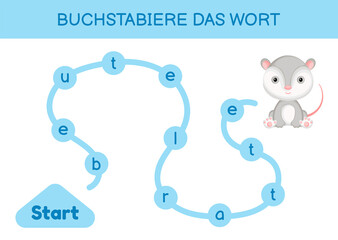 Buchstabiere das wort - Spell the word. Maze for kids. Spelling word game template. Learn to read word opossum. Activity page for study German for development of children. Vector stock illustration.