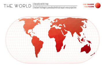 Low poly design of the world. Herbert Hufnage's pseudocylindrical equal-area projection of the world. Red Shades colored polygons. Contemporary vector illustration.