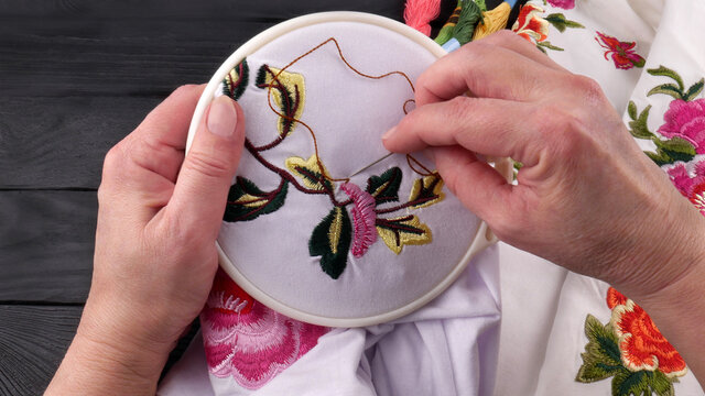 Female Hands Hold A Needle With A Thread And A Hoop To Fix The Fabric In The Process Of Floral Pattern Embroidering.