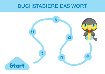 Buchstabiere das wort - Spell the word. Maze for kids. Spelling word game template. Learn to read word toucan. Activity page for study German for development of children. Vector stock illustration.