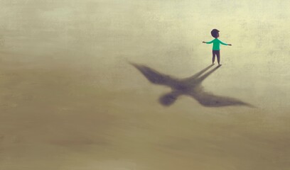 imagination artwork of boy with shadow bird wing, painting art, conceptual illustration,  freedom  ambition and hope concept,  surreal child dream - obrazy, fototapety, plakaty