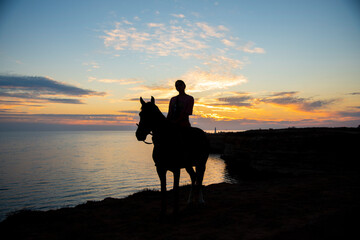 Silhouette of a girl on a horse against the background of the gentle sunset sky.