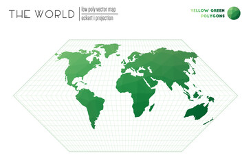 Polygonal map of the world. Eckert I projection of the world. Yellow Green colored polygons. Creative vector illustration.