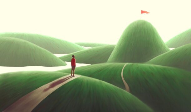 Concept art of  success hope dream and ambition , surreal landscape painting, Lonely man on hill looking at flag on mountain , imagination artwork