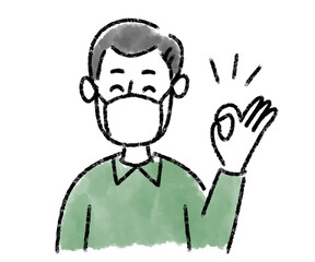 男性　ミドルエイジ　マスク　水彩　手描き
