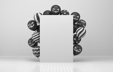 Illustrations for advertising. Halloween. Black balloons with white decor in a white interior around a white board. 3d render illustration. Black and white.