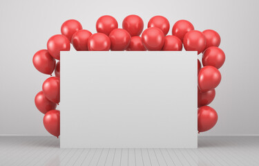Red balloons in a white interior around a white board. 3d render illustration. Illustrations for advertising.