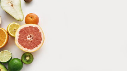 Top view of composition of various colorful fresh summer fruits isolated over white background, Copy space on the right side