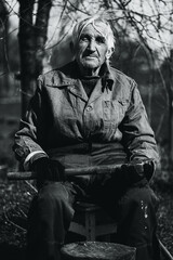 black and white grandfather in workwear outdoors with axe