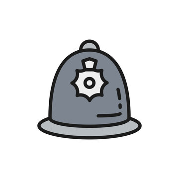 British police helmet, police cap flat color line icon.