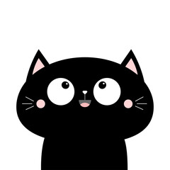 Cat face head looking up. Cute cartoon character icon. Kawaii animal. Black silhouette. Baby card. Big eyes. Flat design. Notebook cover, tshirt, greeting card, sticker print. White background.