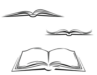 Black and white image of an open book. The book on the table. Symbol. Conditional image. Three books.