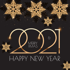 Fototapeta na wymiar Happy New 2021 Year Elegant holiday design template with gold shining snowflakes