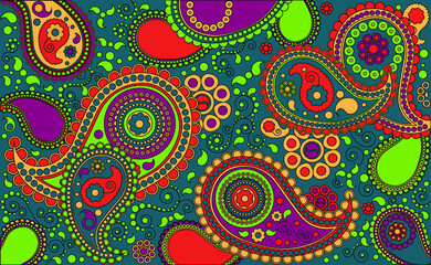 based on Indian fabric ethnic pattern with colored cucumbers on a blue background with a black outline