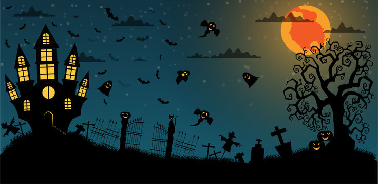 Halloween and full moon in the dark night.Dark castle on blue Moon background. Ghost and flying bats, tomb, scary.