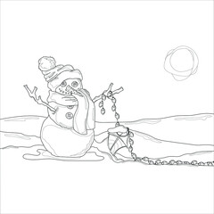 Cartoon snowman with hat and scarf, lantern and lights template. Christmas vector illustration in black and white for games, background, pattern, decor. Children's story book, fairytail, coloring pape