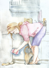 Chanterelle girl in the kitchen. Made by watercolor