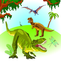 Dinosaurs on a landscape background. Prehistoric era. Mesozoic era. Tyrannosaurus Rex green. A pterodactyl flies in the sky. T-Rex. Fern, palm, creepers.