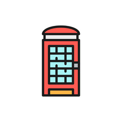 London phone booth, English call box flat color line icon.