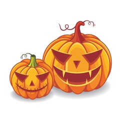 Two halloween pumpkins with scary faces expression