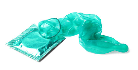 Unrolled turquoise condom and package on white background. Safe sex