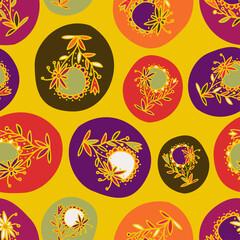 Seamless vector pattern of ornamental lined abstract flower in circles on yellow