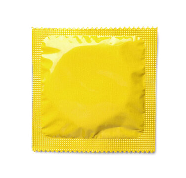 Yellow Condom Package On White Background, Top View. Safe Sex