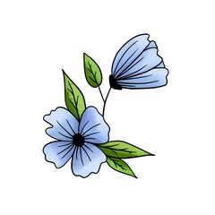 Blue cartoon flower illustration with blue and white background