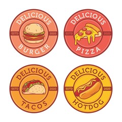 Fast food logo design with burger tacos hotdog and pizza 