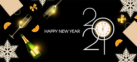 Happy New 2021 Year Elegant poster template. Festive and party design with champagne bottle and glasses. clock. bows. snowflakes, oranges and gifts