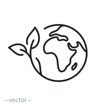 green earth planet concept, icon, world ecology, nature global protect, logo eco environment, globe with leafs, thin line simple web symbol on white background
