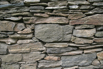 Horizontal picture of gray stone wall. Decoration with stones for background