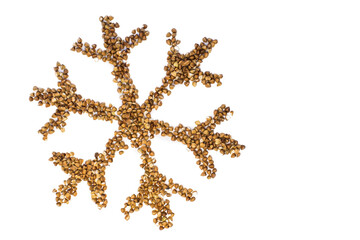 On a white background on the left is a buckwheat snowflake with space for text on the right