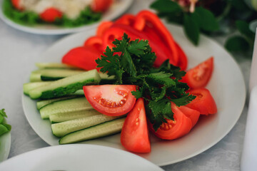 vegetable slicing of tomato, cucumber, pepper with parsley on a plate