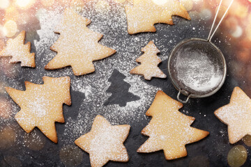 Christmas card with fir tree gingerbread cookies