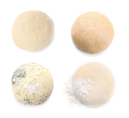 Fototapeta na wymiar Set with raw dough on white background, top view