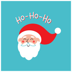 Smiling Santa Claus portrait with ho-ho-ho handwritten lettering phrase on blue background. Flat vector illustration for seasonal greeting card, social media, poster or web banner. 