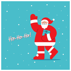 Minimalist vector greeting card with Santa Claus holding gift box.  Flat illustration with lettering phrase on blue background. Trendy style art design for poster, web banner or social media.