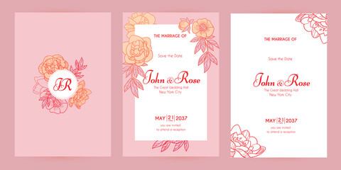 Wedding invitation card set with peony flowers and copper metal effect. Thank you, greeting, birthday, rsvp