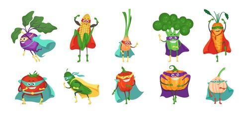 Funny superhero vegetable cartoon character set, flat vector isolated illustration. Cute veggies kohlrabi, onion, broccoli, carrot, tomato, garlic, pumpkin, cucumber, corn in super hero cape and mask. © Siberian Art
