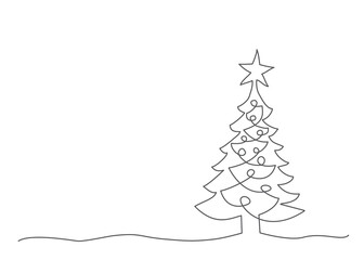 Christmas tree One line drawing on white background