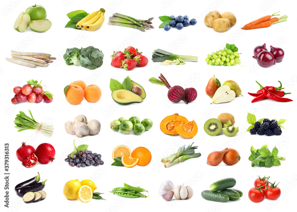 Wall mural assortment of organic fresh fruits and vegetables on white background