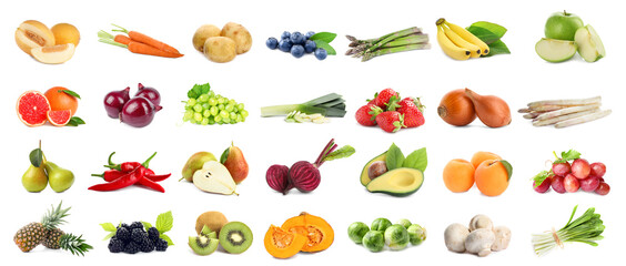 Assortment of organic fresh fruits and vegetables on white background. Banner design
