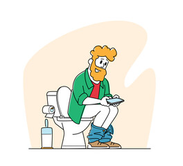 Male Character Using Smartphone while Sit in Wc. Man with Digital Device in Lavatory on Toilet Bowl Chatting in Internet