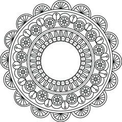 India inspired mandala design template in black and white. Vector illustration for games, background, pattern, decor. Coloring paper, page, book. Print for fabrics and other surfaces.
