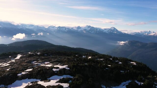 View Of Snow Covered Mountains In Summer At Sunrise