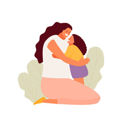 Loving mother hugging her daughter. Happy childhood vector illustration