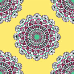 India inspired colorful mandala design seamless pattern template. Vector illustration on yellow background for games, background, pattern, decor. Print for fabrics and other surfaces.